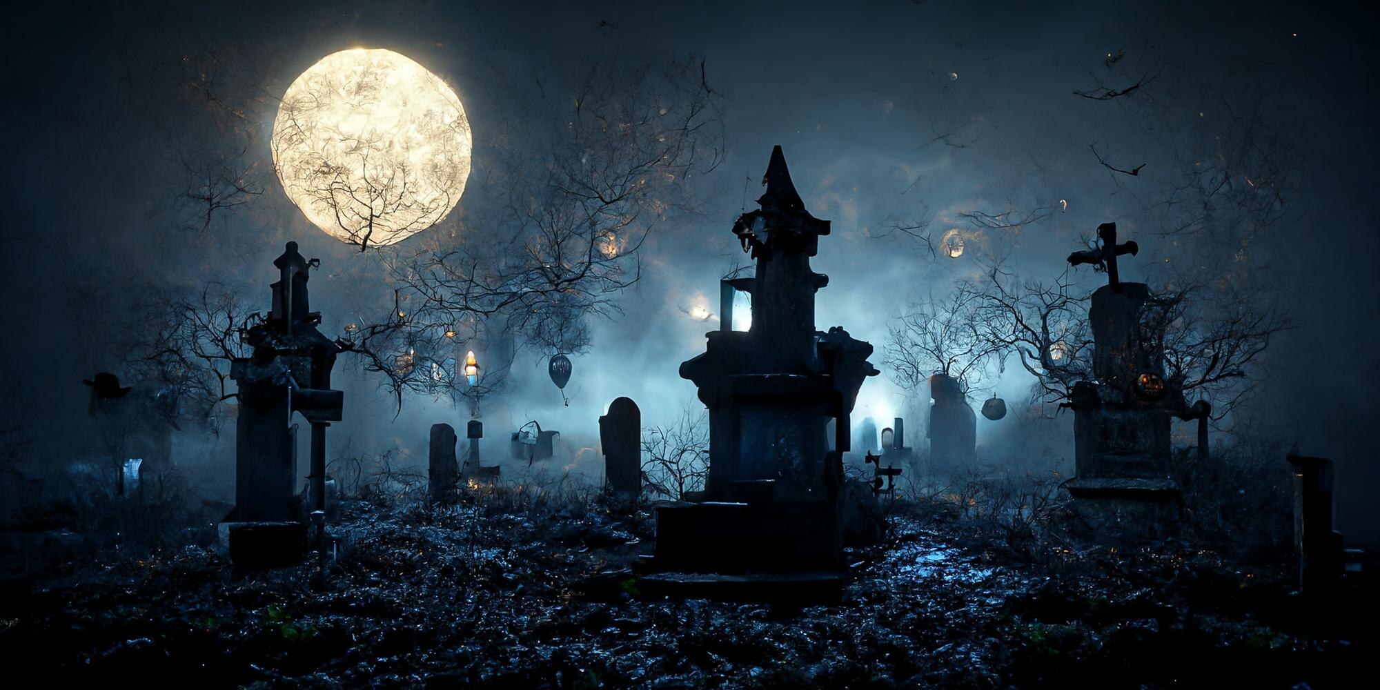 Graveyard lighting reference: foggy moonlit cemetery with blue ground uplight