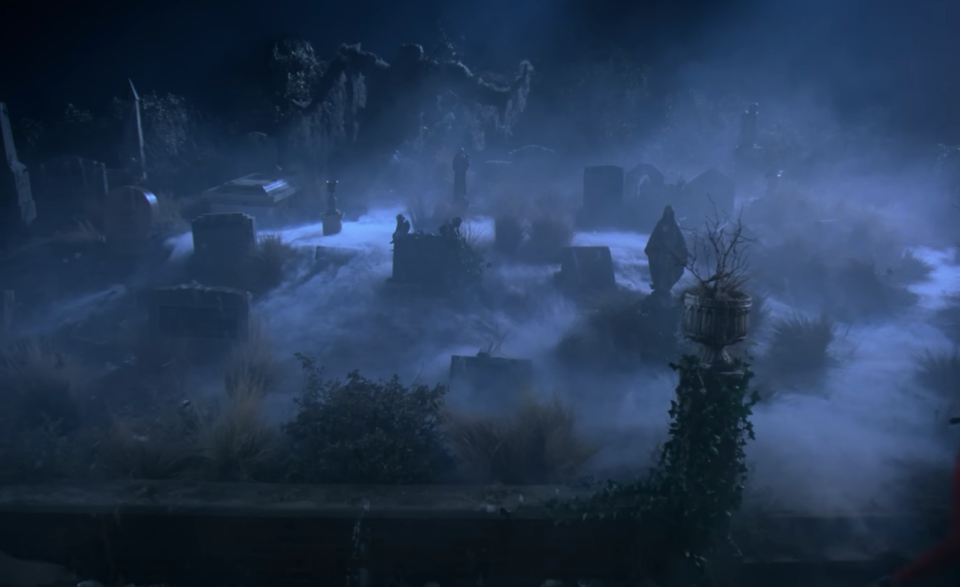 Thriller — foggy graveyard at night