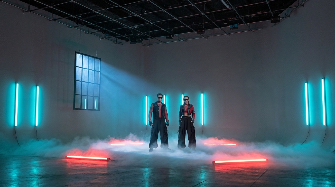 Lighting mockup: Gustav and Brianna on the Trailblazer stage with red and teal tube lights, fog, and the hanging window